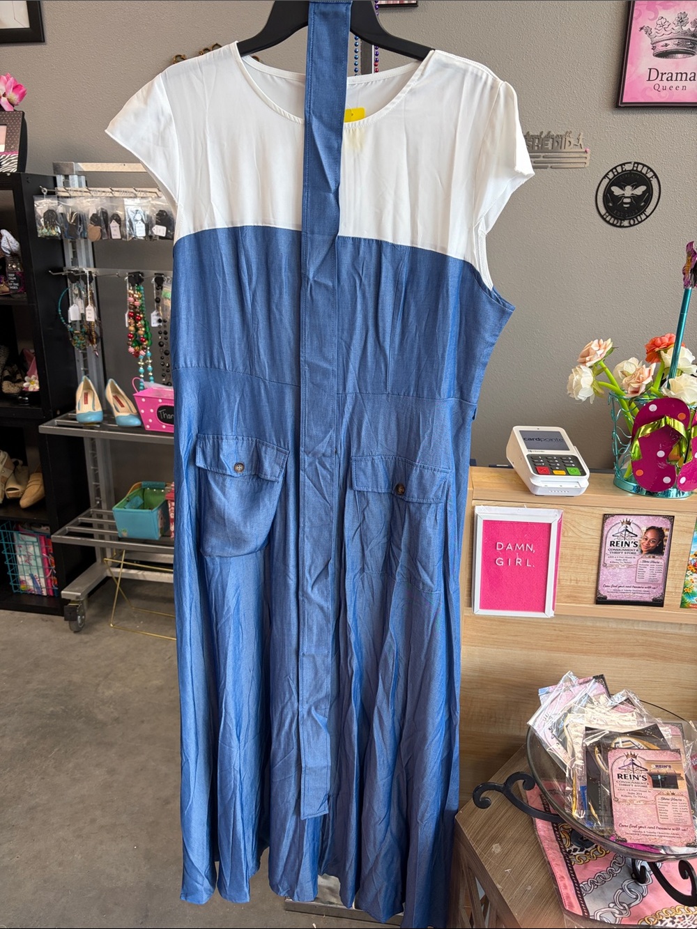 SHEIN Blue and White Colorblock Short Sleeve Midi Dress with Pockets